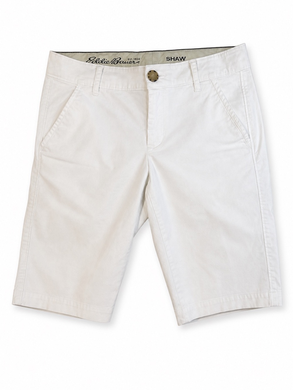 Women’s Eddie Bauer White Shorts Size 2, 12” Inseam, Tan Accent Buttons